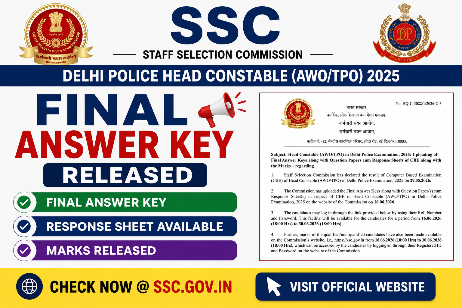 SSC Head Constable AWO TPO 2025 Final Answer Key